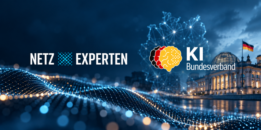 Banner showing NETZ EXPERTEN and KI Bundverband logos on a blue digital-network background, with a German flag and a grand building to the right.